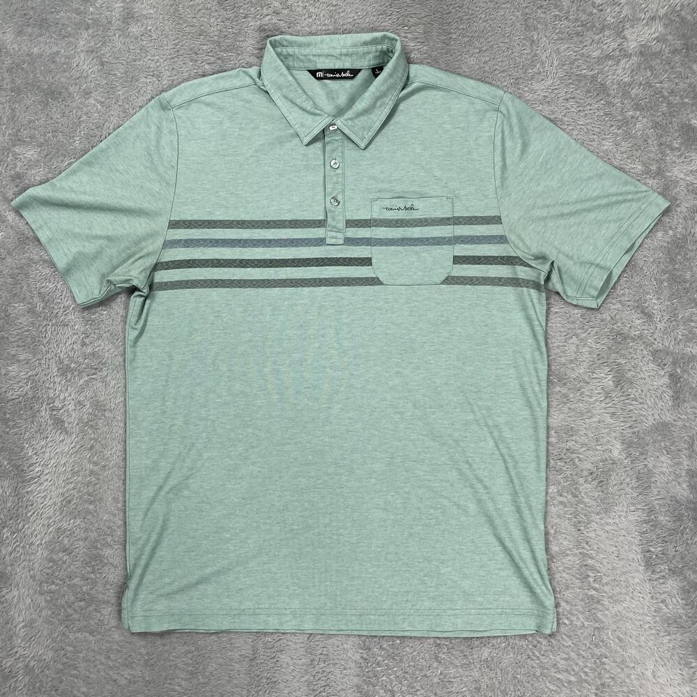 TravisMathew Polo Shirt Mens Large Green Striped Pocket Golf Pima Cotton Blend